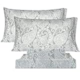 KACEMOO Bed Sheets Queen Size Light Gray Paisley Sheets Printed Floral Sheet Set Flower Pattern Deep Pocket Fitted Bed Sheet Set Microfiber Soft Breathable 1800 Thread Count Double Bedding Set