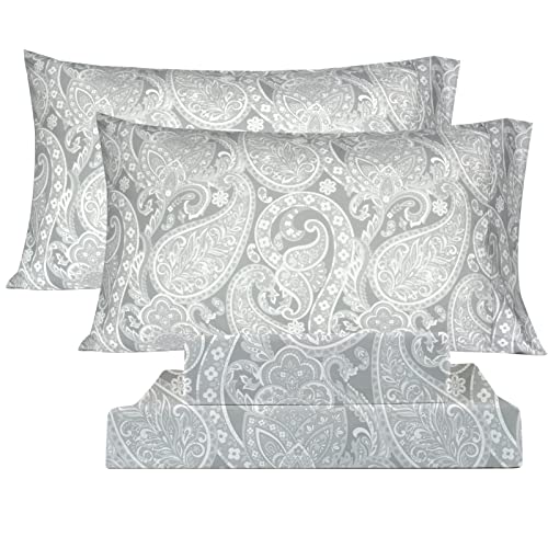 Kacemoo Bed Sheets California King Size 4Pc - Gray Paisley Sheets Printed Floral Sheet Set Flower Pattern Deep Pocket Fitted Bed Sheets Microfiber Soft Breathable 1800 Thread Count Double Bedding #TOP2