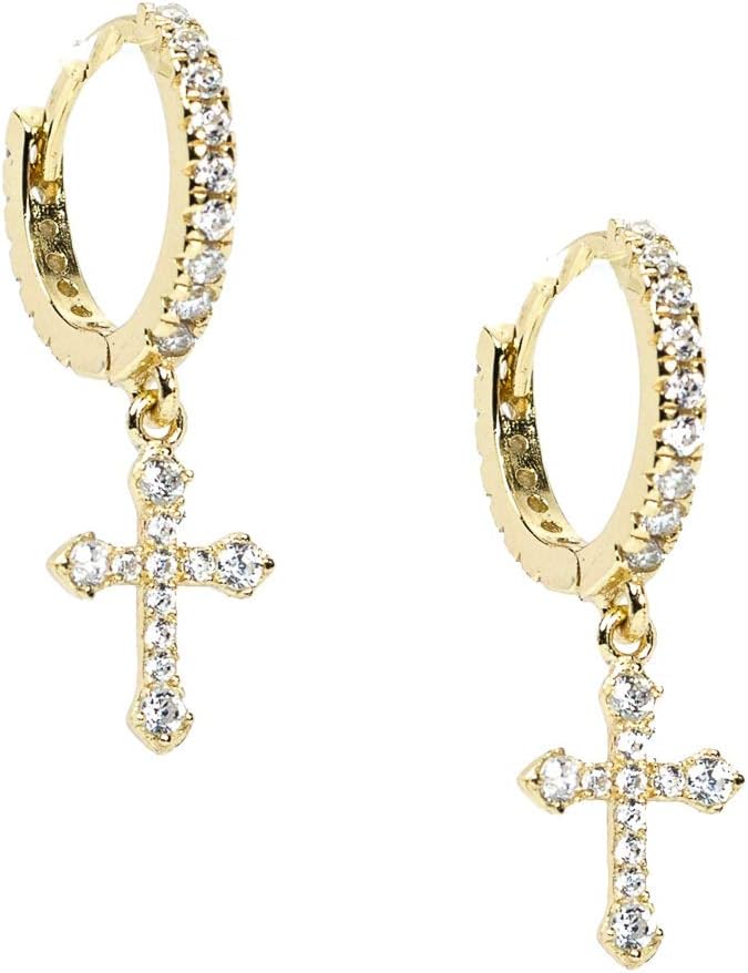 14K Gold Plated Sterling Silver Men's Dangle Cross Huggie Hoop Earrings