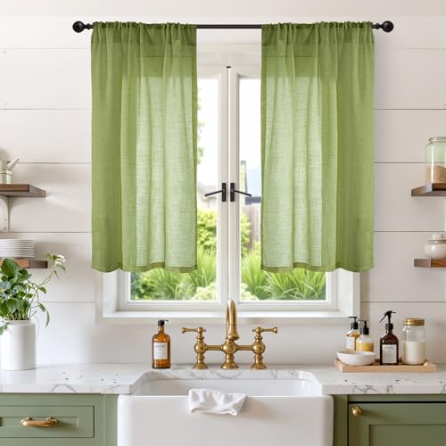 Image of BGment 45 Inch Length Green Linen Curtains for Kitchen Window - Short Drapes Semi Sheer Textured Light Filtering with Rod Pocket for Cafe Front Door Window, 2 Panels Set, 30 X 45 Inch