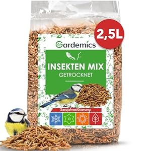 Premium Insektenmix 2,5 Liter – 500g – Mit Mehlwürmer getrocknet, Soldatenfliegenlarven getrocknet & Gamarus für Vögel – Vogelfutter, Igelfutter, Insektenfutter für Wildvögel, Gartenvögel