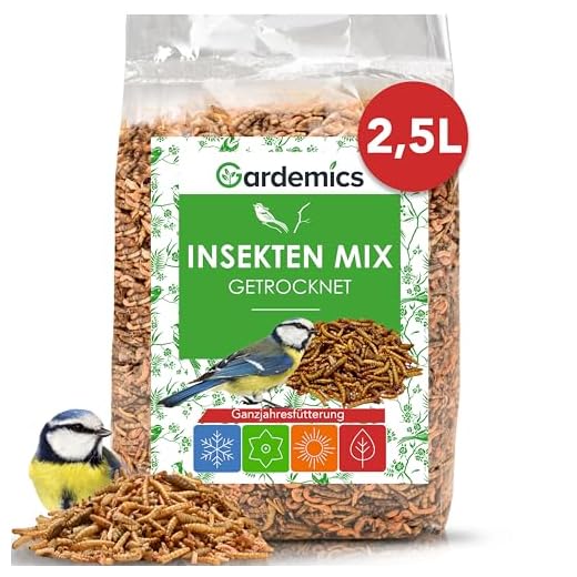 Gardemics Premium Insektenmix 2,5 Liter - 500g - Mit Mehlwürmer getrocknet, Soldatenfliegenlarven getrocknet & Gamarus für Vögel - Vogelfutter, Igelfutter, Insektenfutter für Wildvögel, Gartenvögel