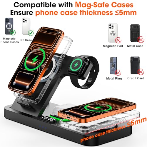 Image of Dual Phone Magnetic Wireless Charging Station for Apple Devices, 7-Color Auto Light & 12H Clock, Multi-Device Charger for iPhone 17 /16 /15, for iWatch 11 /10 /9 & AirPods Pro3(Obsidian