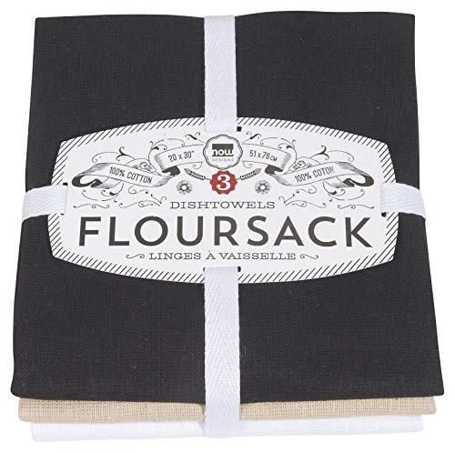 Now Designs Floursack Lot de 3 torchons de Cuisine Noir/huître/Blanc