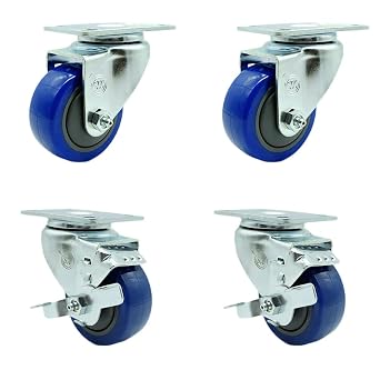 Polyurethane Swivel Top Plate Caster Set of 4 with 3.5 Inch Blue Wheels - Includes 2 Swivel with Top Locking Brakes and 2 Swivel - 1200 lbs. Total Capacity - Service Caster Brand