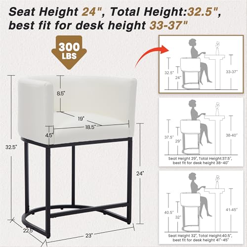 Image of HNY White Modern Barrel Counter Height Clearance Bar Stools Set of 2, 24 Inch PU Leather Kitchen Barstools with Back for Island, with Black Metal Tubular Frame