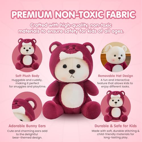 Image of Kidology Plush Teddy Bear with Hood (Removable) - Ultra Soft Huggable Baby Stuffed Animal, Adorable Cuddly Toy for Kids & Girls, Perfect Birthday Valentine Gift for Girlfriend- 30 cm,Red
