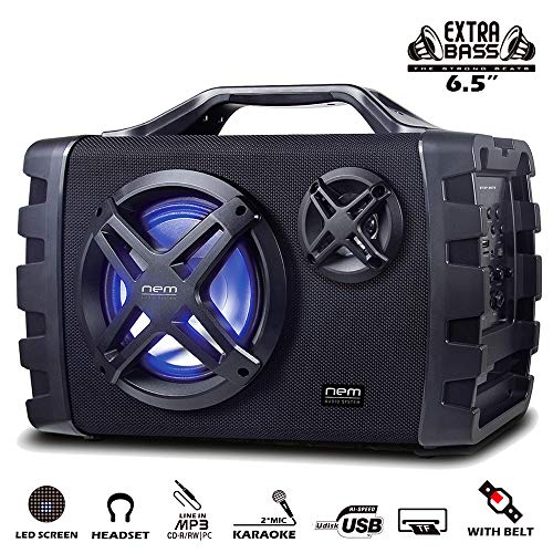 Nem Mobi7E Portable Wireless Bluetooth High Performance Stereo Speaker Extra Bass, Usb Recording, Rechargeable Battery, Aux And Tf Card Input, Fm Radio, Mp3, Mic And Guitar Input, Led Lights (Black) #TOP1