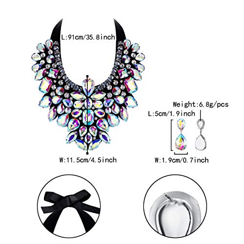 Flyonce Costume Jewelry for Women, Rhinestone Crystal Statement Necklace Earrings Set Iridescent Clear AB Silver-Tone by Flyonce - Image 5
