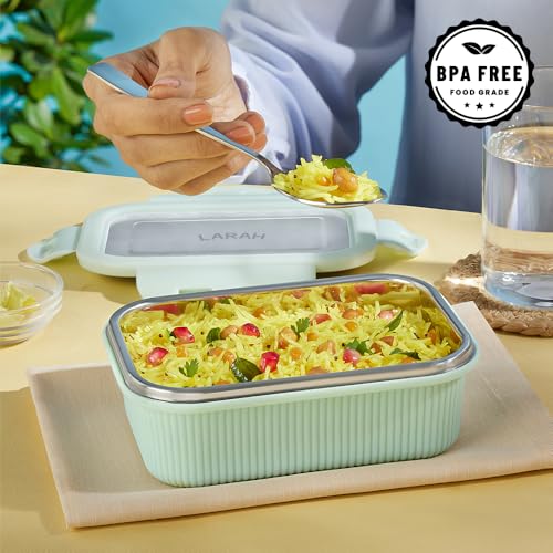 Image of Larah by BOROSIL Freshbyte Food Storage Container with Airtight Stainless Steel Lid | Fridge Container for Lunchbox | Food Grade | Microwave Safe (Green, 400 ml, Rectangular)