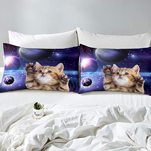 Feelyou Galaxy Cat Duvet Cover Set Universe Galaxy Bedding Set For Kids Boys Girls Cute Kitten Printed Comforter Cover Outer Space Planets Quilt Cover Bedroom Collection 3Pcs Full Size #TOP2