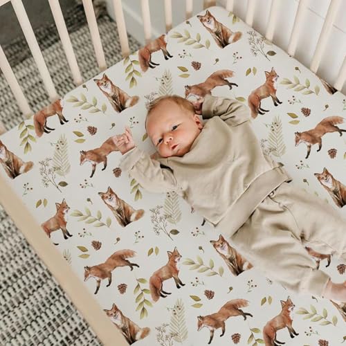 Image of BROLEX Baby Fitted Crib Sheets: Kid Crib Sheets - Set of 2 for Toddler Standard Size Crib Mattress for Boys and Girls - Jersey Knit Crib Bed Sheets Fox&Foliage
