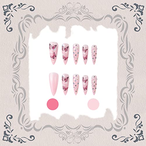 Votacos Press On Nails Long Stiletto Fake Nails Pink False Nails With Butterfly Glitter Rhinestone Design Glossy Full Cover Stick On Nails For Women #TOP3