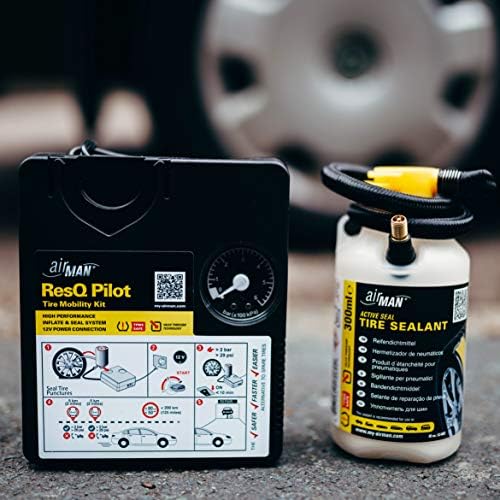AirMan ResQ Pilot Roadside Tyre Repair Kit for No Tools, Safe and Fast, Emergency Puncture fix with valve through tyre sealant and powerful air compressor for all cars and motorcycles