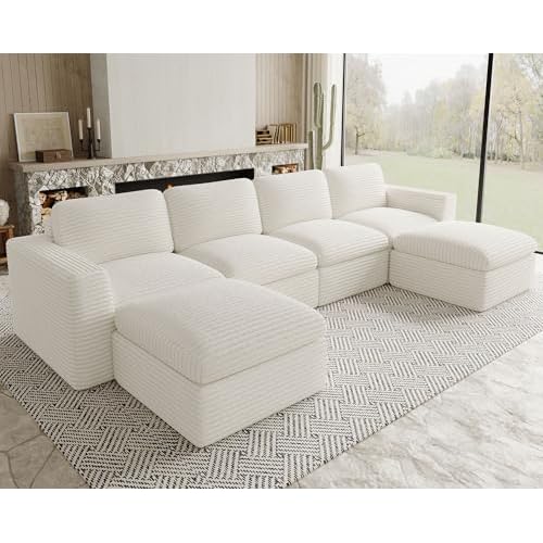 Belffin Boneless Cloud Modular Sectional Sofa with Deep Seat Plush Corduroy U Shaped Cloud Sectional Couches for Living Room No Assembly Required. Beige Couch Beige 4 seater with 2 ottoman