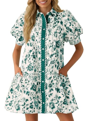 Wenrine Womens Mini Dress Summer Casual Short Puff Sleeve Floral Collared V...