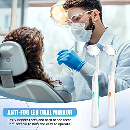 Dental Mirror with Light 2 Pcs Dental Teeth Mirror Mouth Tooth Mirror Dental Inspection Mirror with LED Light for Oral Dental Care Oral with Battery Included, Green and Orange