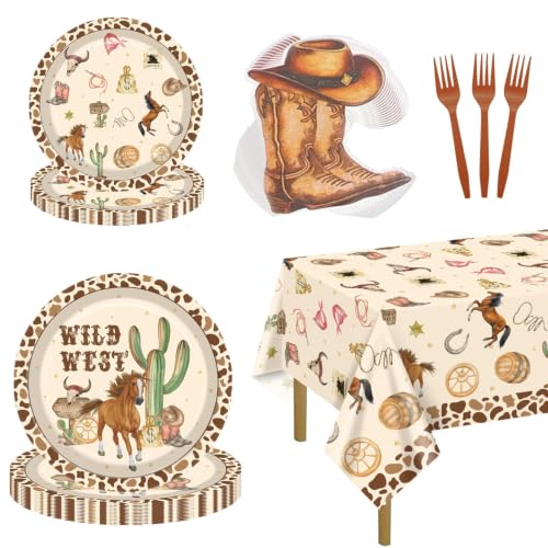 APUXXJUPA 81 PCS Western Cowboy Plates Set for 20 Guests, Including Cowboy Tablecloth, Forks, Napkins and Plates for Wild West Rodeo Birthday Decorations Western Party Decorations