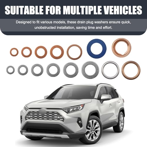 Image of 105 PCS Car Oil Drain Plug Copper Flat Washers Assortment Set, 15 Sizes Durable Oil Crush Washer Seals Kit, with Storage Box, Compatible with Nissan Volkswagen (Multicolored)