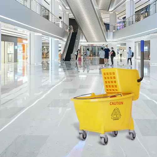 Image of Commercial Mop Bucket with Side Press Wringer on Wheels,Industrial Heavy Duty Mop ldeal for Household and Public Places Floor,35-Quart(Yellow)
