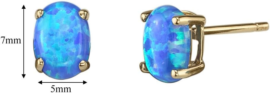 Peora 14K Yellow Gold Created Blue Fire Opal Earrings for Women, Classic Solitaire Studs, 7x5mm Oval Shape, 1 Carat total, Friction Back, October Birthstone Earrings, Dainty, Iridescent Earrings