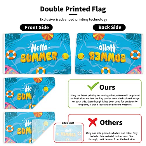 Hello Summer Flag 3X5 Ft Banner Swimming Pool Decorations Double Sided Printed Backdrop Yard Sign Tropical Party Supplies Holiday Hawaiian Duck Swim Ring Funny Poster Wall Decor With Brass Grommets For Outdoor Indoor Garden Room Door Kids House Home #TOP1