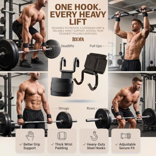 Image of 2Pcs Weight Lifting Hook Grips with Adjustable Wrist Straps Heavy Duty Nylon Metal Hooks Non Slip Design for Deadlift Pull Ups Powerlifting Gym Training Wrist Support Fitness Accessories Black