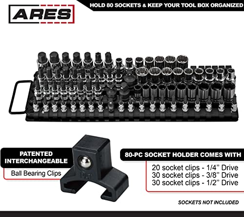 Image of ARES 60038 - Black 80-Piece Socket Organizer - 1 /4-Inch, 3 /8-Inch, and 1 /2-Inch Drive Socket Rails Hold 80 Sockets and Keep Your Tool Box Organized