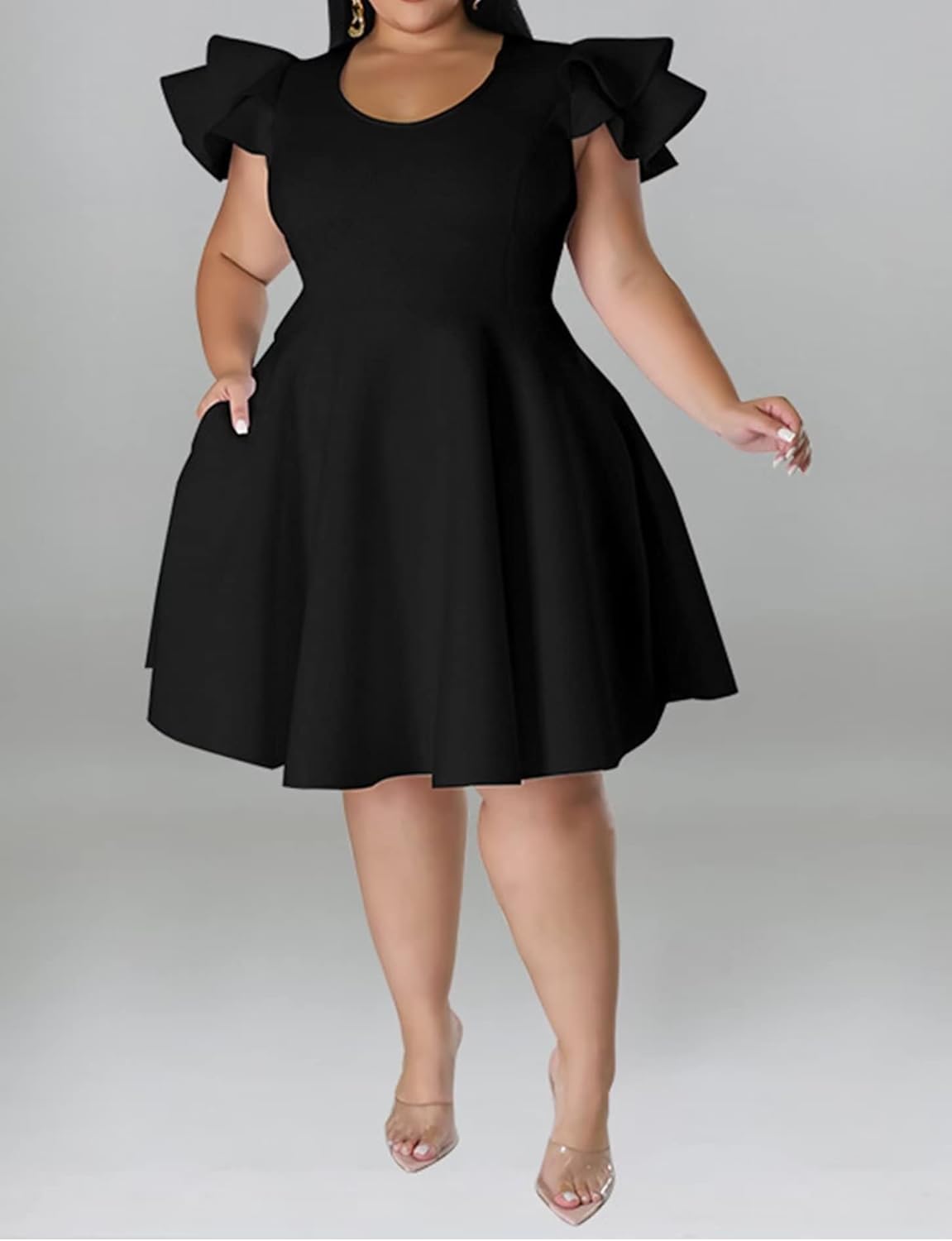 IyMoo Women's Plus Size Cape Flutter Sleeve Stretchy A Line Swing Flared Skater Cocktail Party Dress with Pockets - Image 2