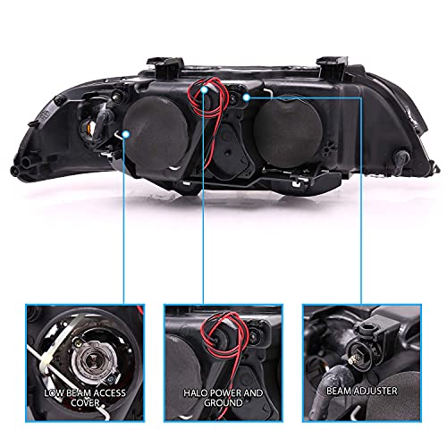 Amerilite Projector Replacement Halogen Headlights Dual Led Halo Set For 97-03 Bmw 5 Series E39 Sedan - Passenger And Driver Side, Vehicle Light Assembly, Black #TOP6