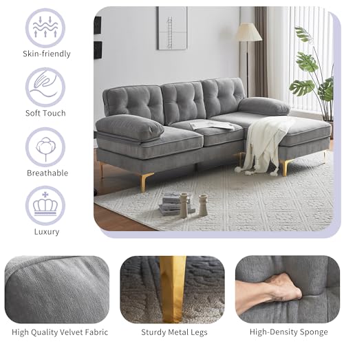 P PURLOVE Sectional Sofa, Velvet L-Shape Sofa with Chaise Lounge, Modern L-Shape Couch for Living Room, Small Spaces (Light Grey)
