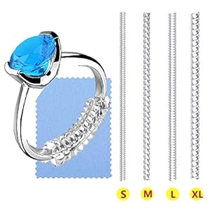 SOONPAM Ringverkleiner ring, in grootte verstelbaar, onzichtbare ringmaatinstelling, spiraalinzet, onzichtbare strip, maat adjuster, perfect voor alle maten, losse ringen met zilveren polijstdoek (4 maten), kunststof