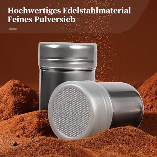 Puderzuckerstreuer-2 Edelstahl Kakaostreuer mit feinem mehlsieb & Deckel-Pulverstreuer zum Backen, Kochen, Zuhause, Restaurant mit 16 Druckformen, Spülmaschinengeeignet