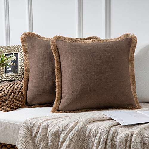 Phantoscope Pack of 2 Farmhouse Burlap Linen Trimmed Tailored Edges Throw Pillow Case Cushion Covers with Tassel 18" x 18" 45 x 45 cm Brown