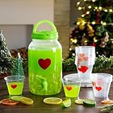 Potchen 1 Gallon Christmas Drink Punch Dispenser & 25 Pcs Red Heart Plastic Cups Lime Green Decoration Xmas Green Plastic Mocktail Dispenser with Spigot for Punch Mocktail Christmas Holiday Party