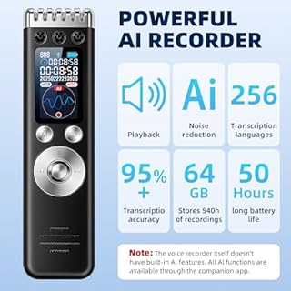 64GB Registratore Vocale AI- Registratore Vocale Professionale Portatile Trascrivi e Riassumi con Tecnologia AI, Supporta 256 Lingue, Controllo App, per Conferenze Riunioni Colloqui Classe