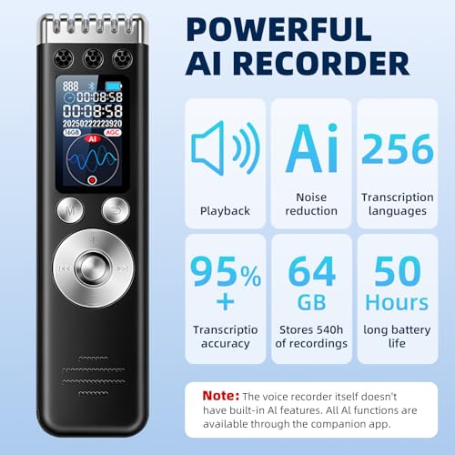 woeaozy 64 GB AI Digitales Diktiergerät - Professionelles tragbares Tonbandgerät mit KI-Transkription und Zusammenfassung, unterstützt 256 Sprachen, App-Steuerung für Konferenzen, Meetings