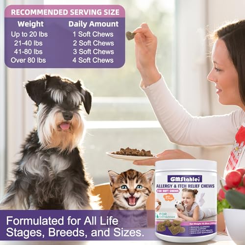 GMStahlei Hunde Allergie Kautabletten - Omega-3 Fischöl, Probiotika & pflanzliche Zutaten - Linderung bei saisonalen Allergien, juckender Haut & Ohren - Unterstützt Verdauung & Immunsystem - 300g