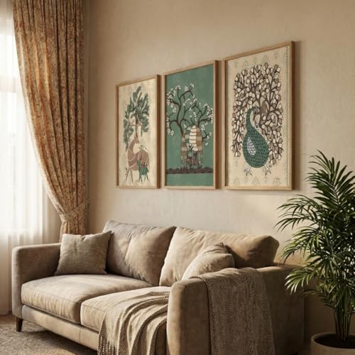 Image of Livin'luxe Set of 3 Folk Art Animal Wall Paintings for Living Room Bedroom Home Decor with Premium Wooden Color Synthetic Frame, Traditional Artwork (25.5 x 19.5 Inch) NM03-55