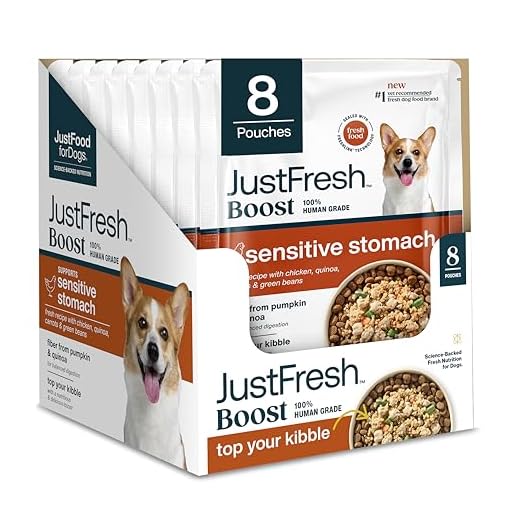 JustFoodForDogs JustFresh Boost Sensitive Stomach Dog Food Toppers with Fiber for Gut Support & Digestive Health, Human-Grade Fresh Pet Meal Booster, 8 oz Pouches - 8 Pack