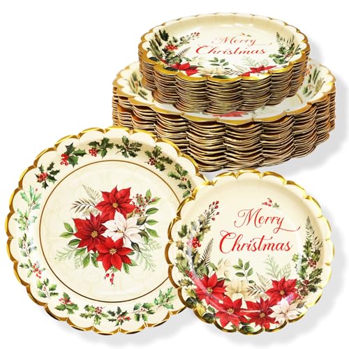ceiba tree Christmas Paper Plates 48Pcs Vintage Holly Happy Holidays Disposable Dinner and Dessert Plates 9inch and 7inch Merry Christmas Party Supplies Poinsettia Dinnerware Set for 24 Guests – Image 3