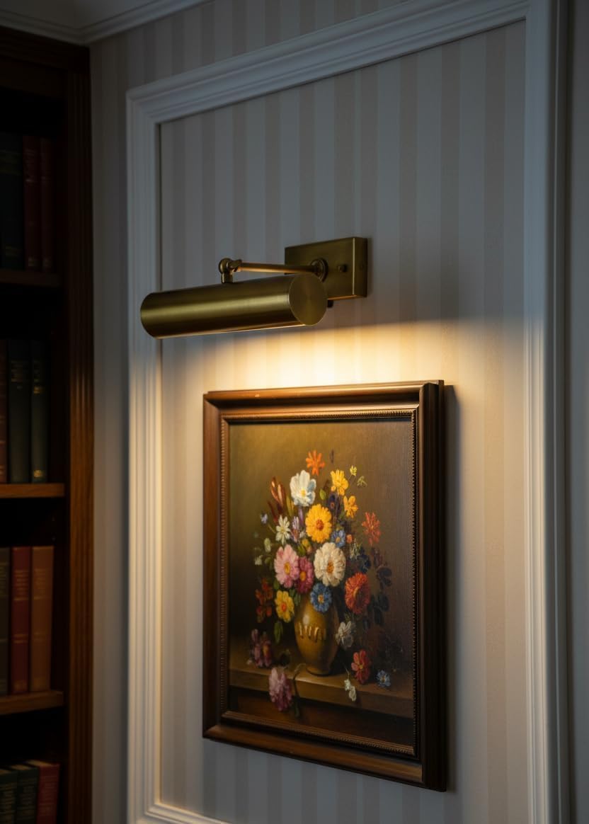 9" Brass Picture Light – Antique Brass Adjustable Wall Mounted Art Light Fixture – Hardwired Gallery Display Light for Paintings, Artwork, Photos, Mirror & Picture Frames (Polished Brass)