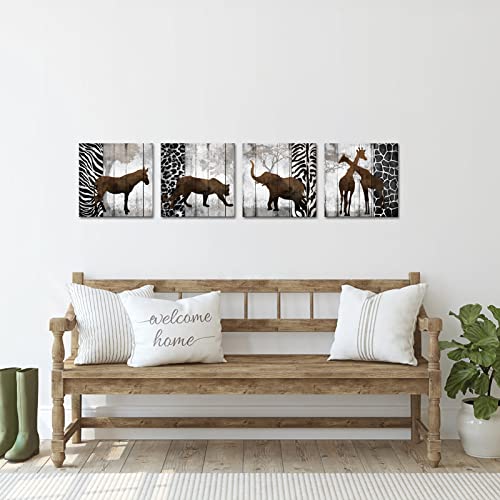 Atgowac African Wall Art Animals Art Prints Leopard Zebra Giraffe Elephant Painting Decor Picture Framed Canvas Print Wildlife Landscape Living Room Bedroom Home Wall Decor 12"X12"X4 Pieces #TOP3