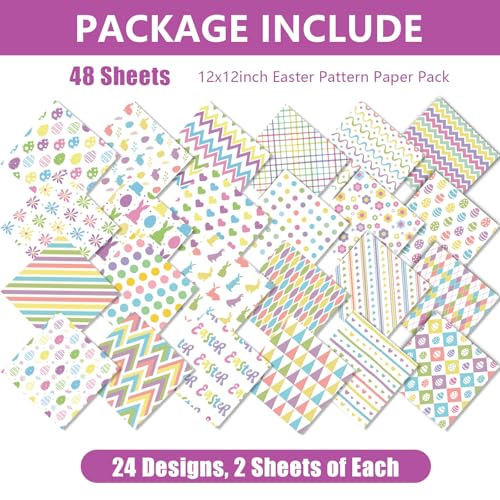 48PCS Easter Scrapbook Paper 12x12in Pastel Spring Bunny Egg Scrapbook Specialty Papers 24 Style Flower Decorative Paper Folded Flat for DIY Card Making Photo Album Journal Craft Decoration by Lonfliness - Image 2
