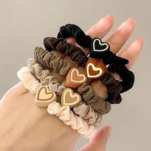 5pcs Cute Heart Hair Ties, Heart Hair Scrunchies Non Slip Ponytail Scrunchie Elastic Polyester Ponytail Hair Band air Accessories for Women(Multicolor)
