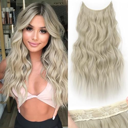 PORSMEER Ash Blonde Invisible Wire Hair Extensions with Transparent Wire Adjustable Size 4 Secure Clips 20 inch Long Wavy Secret Hairpiece,Gray Blonde