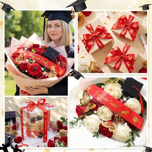 Zeyune 114 Pcs 2026 DIY Graduation Bouquet Set Red Ribbon with Glitter Gold Congrats Grad Mini Graduation Caps with Tassel Gold Butterfly Decor Diamond Pins for Graduate DIY Flower Gift by Zeyune - Used condition - Image 6
