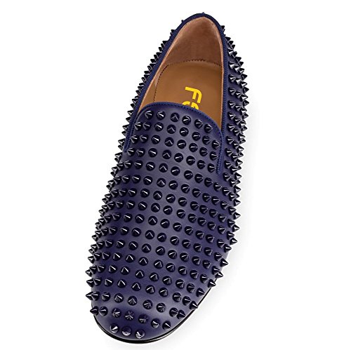 Fsj Men's Trendy Spiked Rivets Studded Loafers Shoes Round Toe Low Heel Comfort Slip On Dress Smoking Slippers Size 9.5 Navy #TOP1