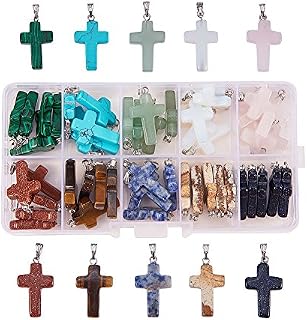 PH PandaHall 50pcs 10 Color Stone Cross Gemstone Pendants Charms Cross Quartz Healing