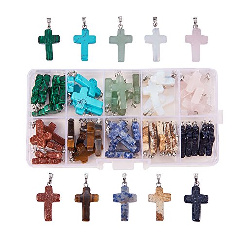 PH PandaHall 50pcs 10 Color Stone Cross Gemstone Pendants Charms Cross Quartz Healing